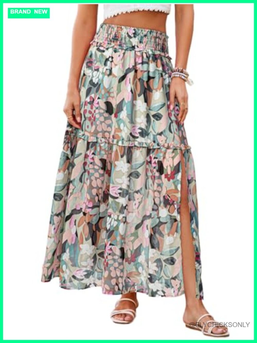 Women's Boho Floral Chiffon Maxi Skirt Smocked High Waist A-Line with Slit